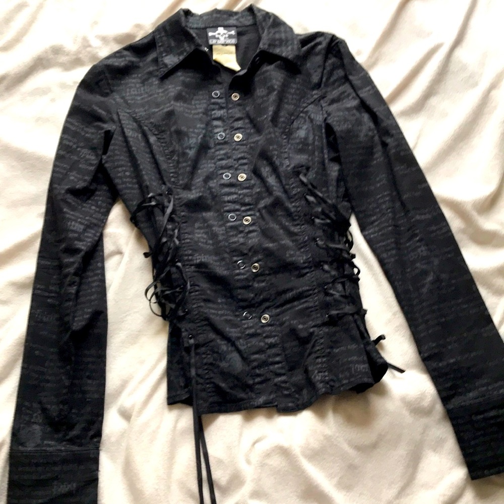 Lip Service Button Up Black Blouse with Decorative Lace-up Sides— Medium